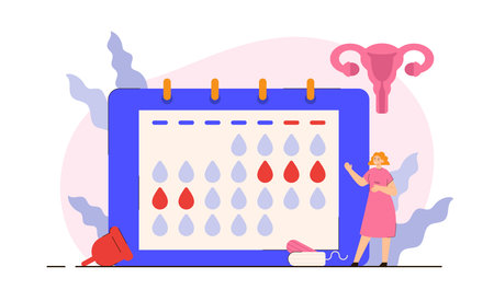 Happy woman at period calendar with uterus, tampons and cup. Menstrual cycle schedule. PMS and ovulation checking concept. Modern flat vector illustrationのイラスト素材