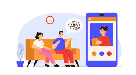 Female psychologist consulting man and woman online by smartphone. Marriage counseling, relationship problems, couple therapy concept. Modern flat vector illustrationのイラスト素材