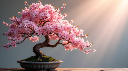 Japanese cherry blossom tree in pot on wooden table with sun raysの素材