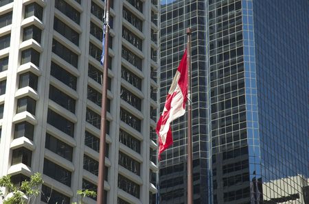 canadian flag blowing in the wind in front of masive skyscrapers. の写真素材