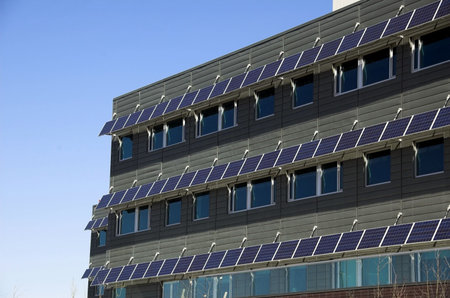 Super modern green office building utilizing the latest environmental technology. The Solar panels...
