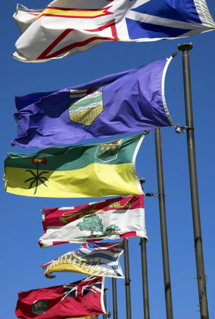 Canadian flags along the river valley in Edmonton