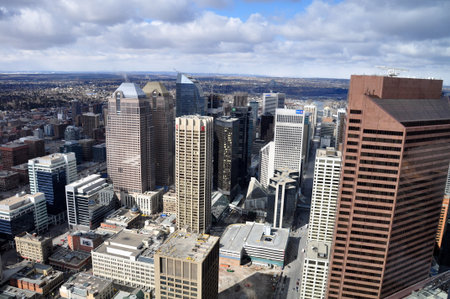 View of the Calgary skyline from the 54th floor skygarden of the Bow Tower in Calgary Alberta. The Bow Tower is a world famous skyscraper.のeditorial素材