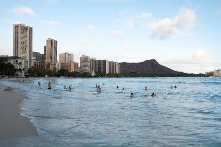 Famous Waikiki Beach on the Hawaiian island of Oahu at night の写真素材