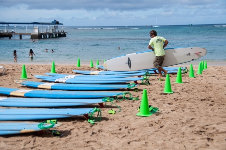 Tourists learning to surf on Waikiki beach June 27, 2013 in Oahu. Waikiki beach is beachfront neighborhood of Honolulu, best known for white sand and surfing.のeditorial素材