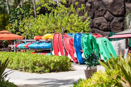 WAIKIKI, HI - June 26 - Water sport rentals waiting for tourists on Waikiki beach June 26, 2013 in Oahu. Waikiki beach is beachfront neighborhood of Honolulu, best known for white sand and surfing.のeditorial素材