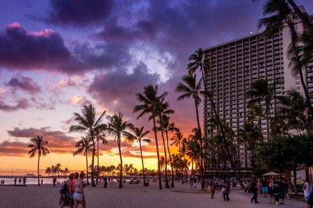 OAHU, HI - JUNE 26 -Waikiki Beach at the Hawaiian Hilton Village at sunset on June 26, 2013  People visible on beach  The Hawaiian Hilton Village is very popular with families traveling to Hawaii  のeditorial素材