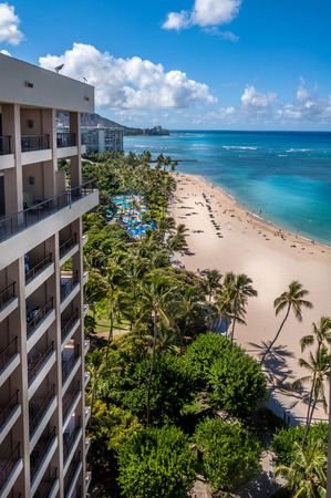 Waikiki beach on June 27, 2013 from a hotel room looking parallel to the ocean  のeditorial素材