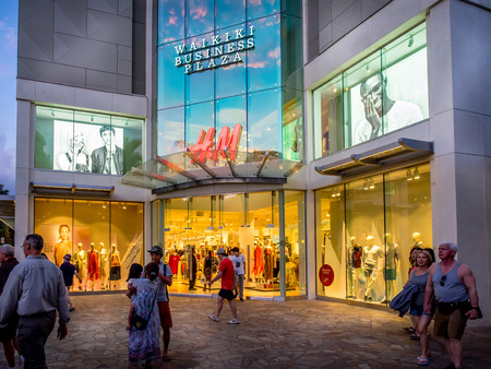 Entrance to the Waikiki Business Plaza on Kalakaua Avenue on April 27, 2014 in Waikiki, Hawaii  Kalakaua Avenue is the favorite shopping strip for tourists visiting Hawaii  のeditorial素材