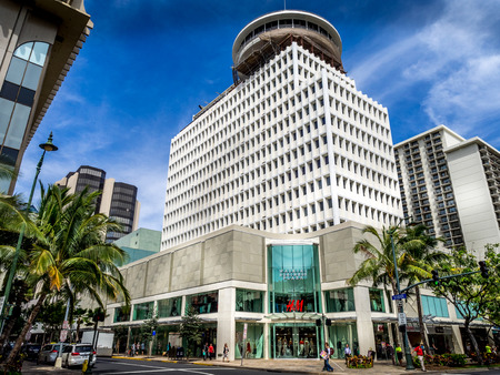 Waikiki Business Plaza on Kalakaua Avenue on April 29, 2014 in Waikiki, Hawaii  Waikiki Business Plaza is one of the main shopping and office malls in Waikiki  H M is visible  のeditorial素材