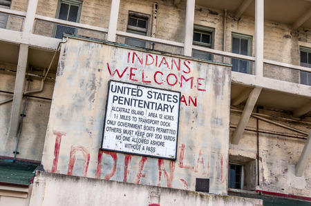 United States Penitentiary signs on Alcatraz on February 22, 200 with graffiti from an earlier protest. Alcatraz is best known as one of the world\\\\\\\\のeditorial素材