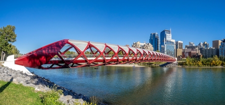 Panorama of the Peace Bridge on September 21, 2014 in Calgary, Alberta Canada. The pedestrian bridge spans the Bow Riverのeditorial素材