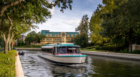 Disney World boat traveling between Epcot Center and the Swan and Dolphin hotel.のeditorial素材