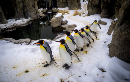 King Penguins walking at an outdoor exhibit at the zoo.の写真素材