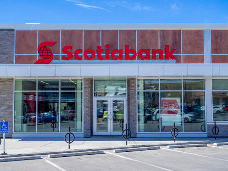 Scotiabank branch on May 29, 2015 in Calgary, Alberta Canada. Scotiabank is a major Canadian bank, and this branch is located at Aspen Landing in Calgary.のeditorial素材