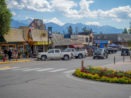 INVEMERE, BRITISH COLUMBIA, CANADA - AUG 8: Main street in the town of Invemere on August 8, 2015 in the Canadian Rockies. Invemere is located in BC on lake Windemere and is a popular destination.のeditorial素材