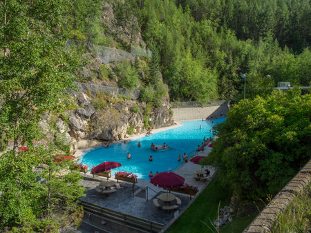 RADIUM HOT SPRINGS, CANADA - AUG 8, 2015: The Radium Hot Springs Pool on August 8, 2015 in the...
