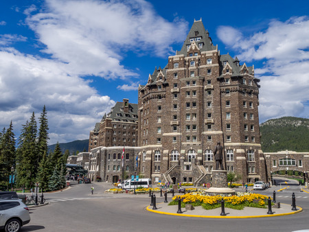 BANFF, CANADA - AUG 9, 2015: The Banff Springs Hotel on August 9, 2015 in the Canadian Rockies. The Banff Springs Hotel was built during the 19th century in Scottish Baronial style.のeditorial素材