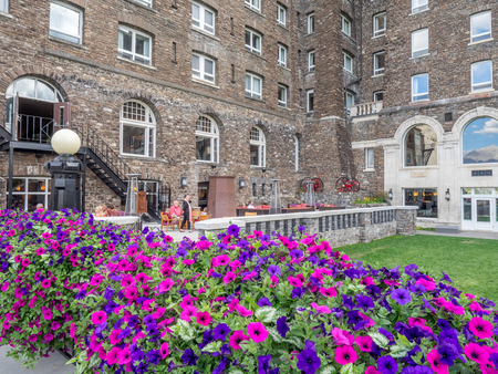 BANFF, CANADA - AUG 9, 2015: The Banff Springs Hotel on August 9, 2015 in the Canadian Rockies. The Banff Springs Hotel was built during the 19th century in Scottish Baronial style.のeditorial素材