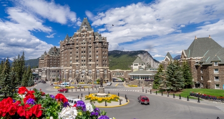 BANFF, CANADA - AUG 9, 2015: The Banff Springs Hotel on August 9, 2015 in the Canadian Rockies. The Banff Springs Hotel was built during the 19th century in Scottish Baronial style.のeditorial素材