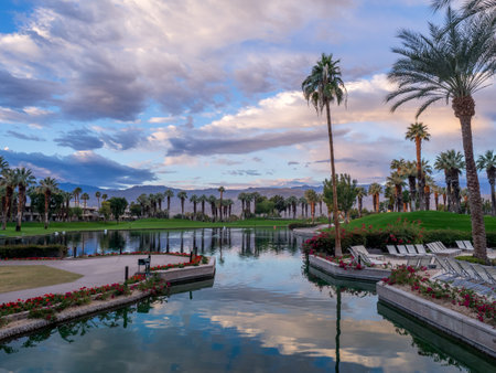 PALM DESERT, CA: Sunrise at the JW Marriott Desert Springs Resort  Spa in Palm Desert, California. The Marriott is popular golf and convention destination.のeditorial素材