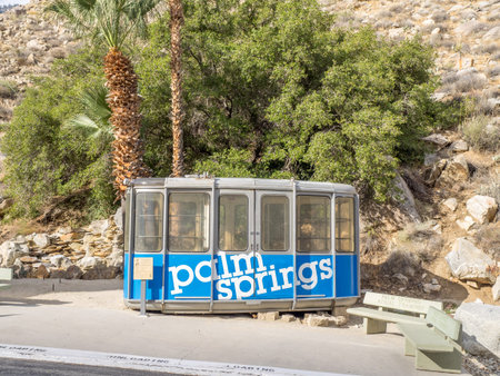 PALM SPRINGS, CA - NOV 2015: Palm Springs Aerial Tramway Cabin on November 15, 2015 at Valley Station, one of the cabins used to transport visitors to the Mountain Station at an elevation 8,516 feetのeditorial素材
