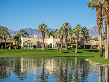 Palms reflecting in water on a golf course in Palm Desert California.の写真素材