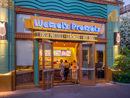 ANAHEIM, CALIFORNIA - FEBRUARY 11: Wentzel's Pretzels store in Downtown Disney outside the Disneyland Park on February 11, 2016 in Anaheim, California. Downtown Disney is a retail, restaurant and bar area at the Disneyland Parks.のeditorial素材