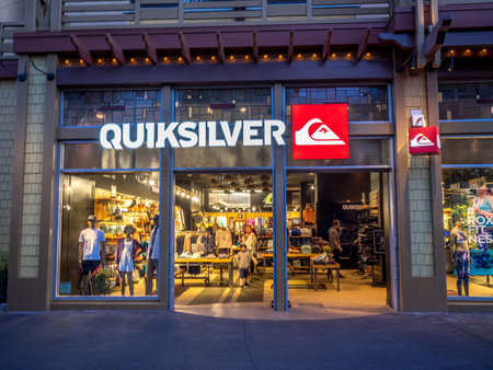 Quicksilver store at Downtown Disney shopping and entertainment district at night in Anaheim...