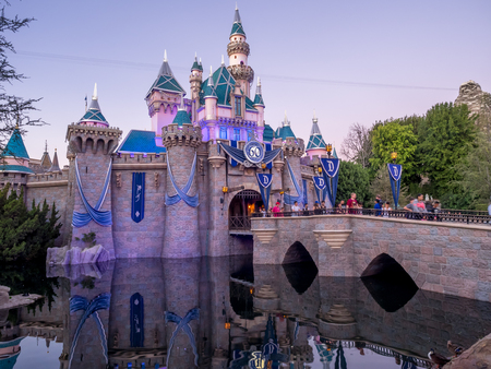 ANAHEIM, CALIFORNIA - FEBRUARY 15: Sleeping Beauty Castle at Disneyland Park at Disneyland in the evening on February 15, 2016 in Anaheim, California. Disneyland is Walt Disney's original theme park.のeditorial素材