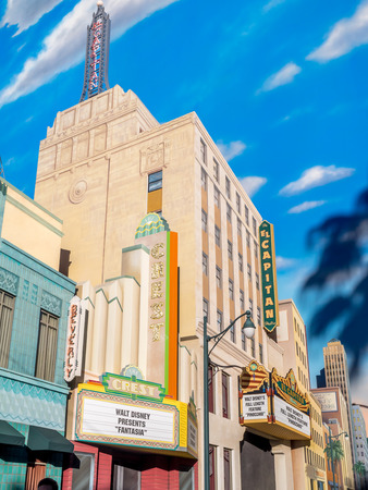 ANAHEIM, CALIFORNIA - FEBRUARY 15: Facades of buildings at Hollywood Studios at Disney California Adventure Park on February 15, 2016. Disney California Adventure Park is themed after the history and culture of California.のeditorial素材