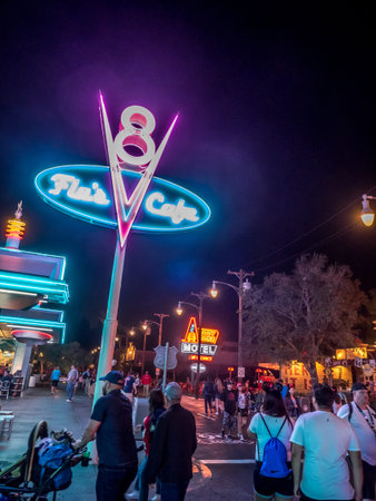 ANAHEIM, CALIFORNIA - FEBRUARY 14: Flo's V8 Cafe at night in Carsland at Disney California Adventure Park on February 14, 2016. Disney California Adventure Park is themed after the history and culture of California.のeditorial素材
