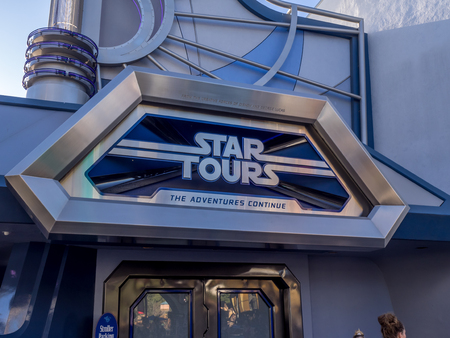 ANAHEIM, CALIFORNIA - FEBRUARY 15: Star Tours ride at Disneyland in the evening on February 15, 2016 in Anaheim, California. Disneyland is Walt Disney's original theme park.のeditorial素材