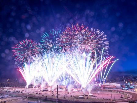 CALGARY, CANADA - JULY 8: Fireworks at the the Calgary Stampede at sunset on July 8, 2016 in Calgary, Alberta. The Calgary Stampede is often called the greatest outdoor show on Earth.のeditorial素材