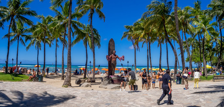 WAIKIKI, HI - AUG 3: Duke Kahanamoku Statue on Waikiki Beach on August 3, 2016 in Honolulu. Duke famously popularized surfing and won gold medals for the USA in swimming.のeditorial素材