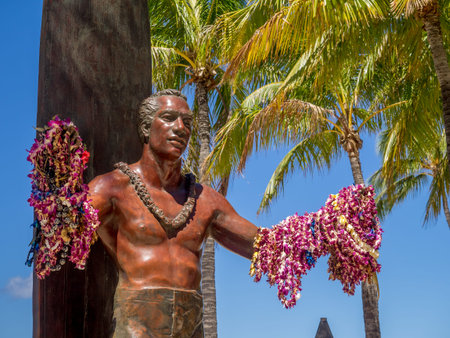 WAIKIKI, HI - AUG 3: Duke Kahanamoku Statue on Waikiki Beach on August 3, 2016 in Honolulu. Duke famously popularized surfing and won gold medals for the USA in swimming.のeditorial素材