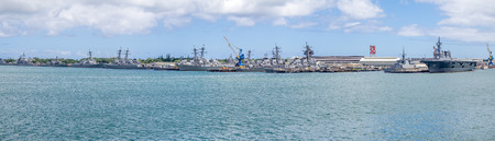 OAHU, HI - AUG 5, 2016: United States naval ships in Pearl Harbor on August 5, 2016 in Pearl Harbor, USA. Pearl Harbor is the headquarters of the United States Pacific Fleet.のeditorial素材