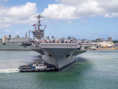OAHU, HI - AUG 5, 2016: The USS John C. Stennis on August 5, 2016 in Pearl Harbor, USA. The John C. Stennis is a Nimitz class nuclear powered aircraft carrier..のeditorial素材