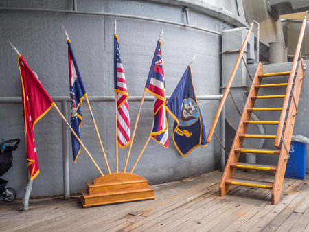 OAHU, HI - AUG 5, 2016: The USS Missouri battleship on August 5, 2016 in Pearl Harbor, USA. Site of the treaty signing ending WWII between the US and Japan, is now berthed in Pearl Harbor.のeditorial素材