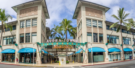 HONOLULU, HI - AUG 6: View of the new Aloha Tower Market Place on August 6, 2016 in Honolulu, Hawaii. Newly renovated Aloha Tower Marketplace is the gateway to Honolulu Harbor.のeditorial素材