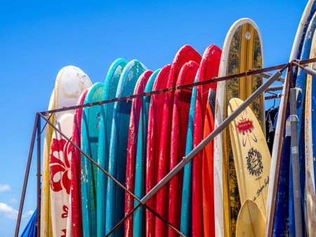 HONOLULU, USA - AUG 8: Surf rental shop on Waikiki beach on August 8, 2016 in Honolulu, Usa. Waikiki...