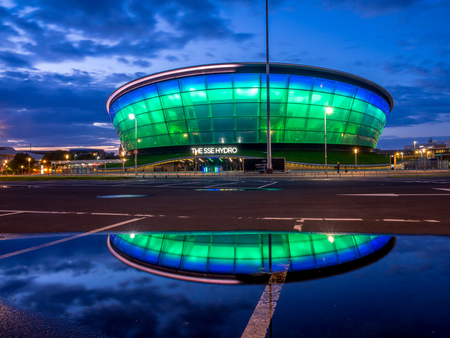 GLASGOW, SCOTLAND - JULY 21: The SSE Hydro at night on July 21, 2017 in Glasgow, Scotland. The Hydro arena is part of Glasgow's conference and event district.のeditorial素材
