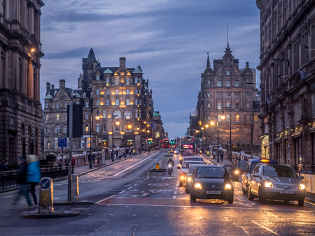 EDINBURGH, SCOTLAND - JULY 28: Looking down the Royal Mile in the Old Town on July 28, 2017 in Edinburgh Scotland. The Royal Mile is the most popular attraction in Edinburgh and hosts many tourists.のeditorial素材