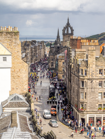 EDINBURGH, SCOTLAND - JULY 29: View along the Royal Mile from the roof of the Camera Obscura on July 29, 2017 in Edinburgh, Scotland. There are many amazing old buildings on the Royal Mile.のeditorial素材
