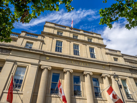 LONDON UK - AUG 1: Facade of Canada House in Trafalgar Square on August 1, 2017 in London. England. Canada House is the Canadian Embassy to the United Kingdom.のeditorial素材