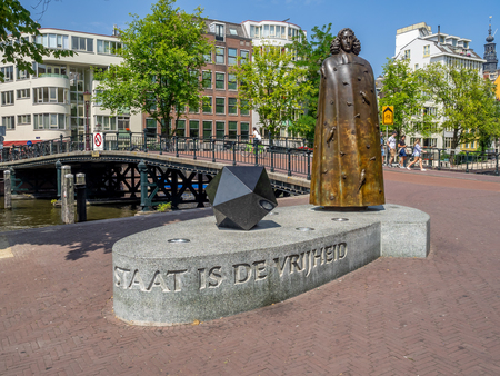 Amsterdam, Netherlands - July 22, 2018: Spinoza monument in the centre of Amsterdam. There are many monuments around Amsterdam.のeditorial素材