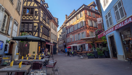 Strasbourg, France - July 26, 2018: Beautiful buildings in the heart of Petite France in Strasbourg in the Alsace region of France. Many structures are of the traditional half timbered architecture.のeditorial素材