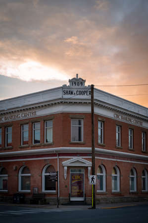 Nanton, Alberta - May 7, 2021: Facade of historical buildings in the historic town of Nanton.のeditorial素材