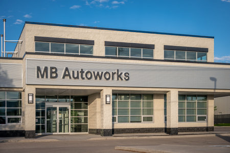 Calgary, Alberta - June 3, 2021: Exterior facade of an MB Autoworks location in Calgary, Alberta.
