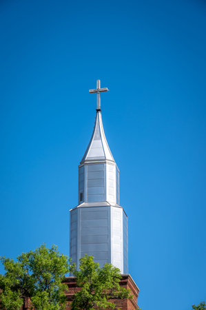 Church steeple with deep blue sky.